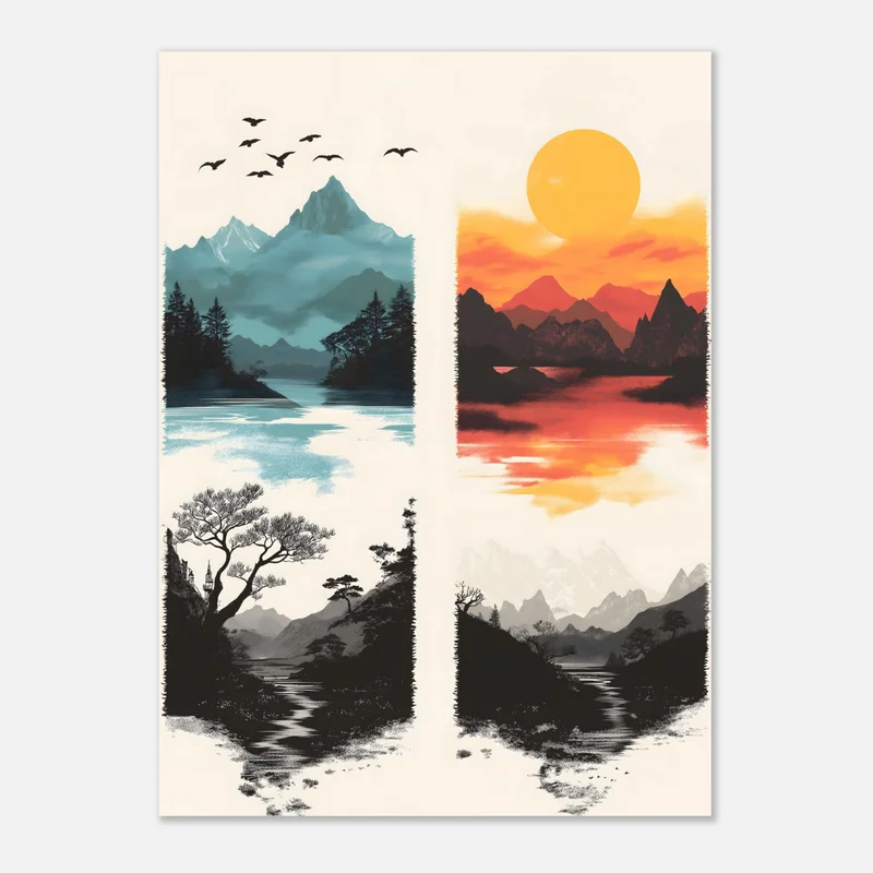 Poster de quatre paysages de montagne : lac bleu brumeux avec oiseaux, coucher de soleil orange sur un lac rouge, et deux vallées en noir et gris traversées de rivières sinueuses