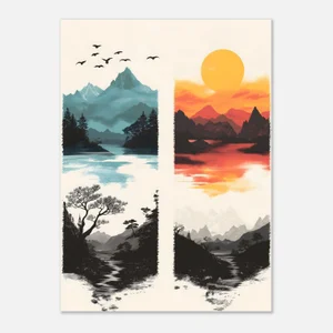 Poster de quatre paysages de montagne : lac bleu brumeux avec oiseaux, coucher de soleil orange sur un lac rouge, et deux vallées en noir et gris traversées de rivières sinueuses