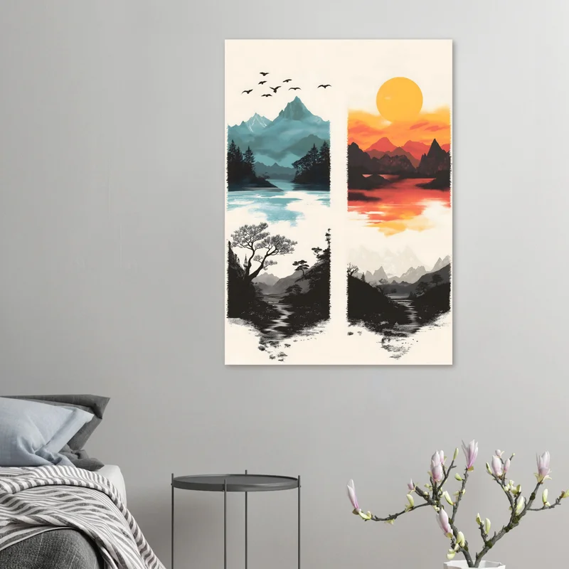 Poster Quatre Paysages entre Couleur et Noir et Blanc, Montagnes et Rivières, en situation
