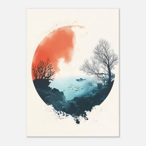 Poster Aquarelle Fond Marin, Corail, Poissons et Ciel Orange
