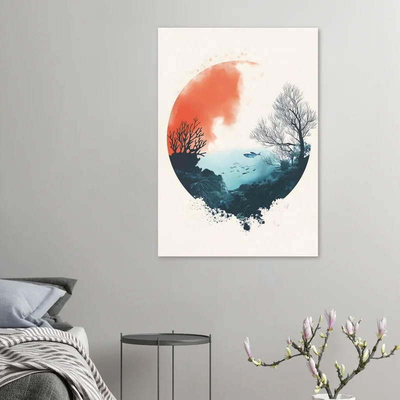 Poster Aquarelle Fond Marin, Corail, Poissons et Ciel Orange, en situation