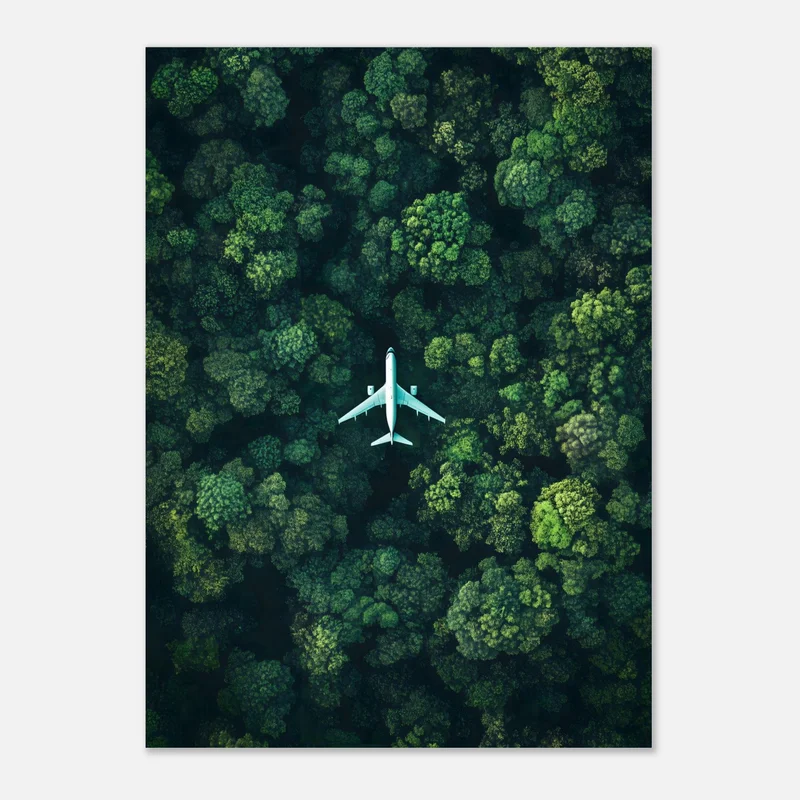 Poster vue aérienne d’un avion blanc survolant une forêt dense aux cimes vert foncé